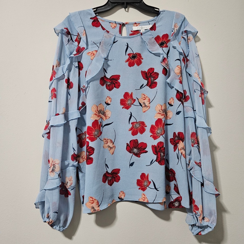 Fever Womens Floral Ruffle Long Sleeve Blouse Blue Red Poppy Print Large L